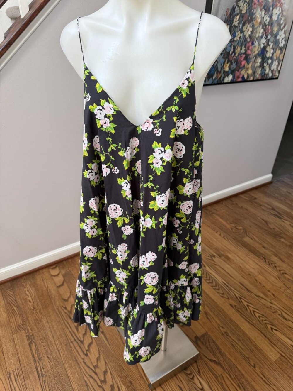 Caroline Constas Floral Ruffle Midi Dress Green Black Size Large